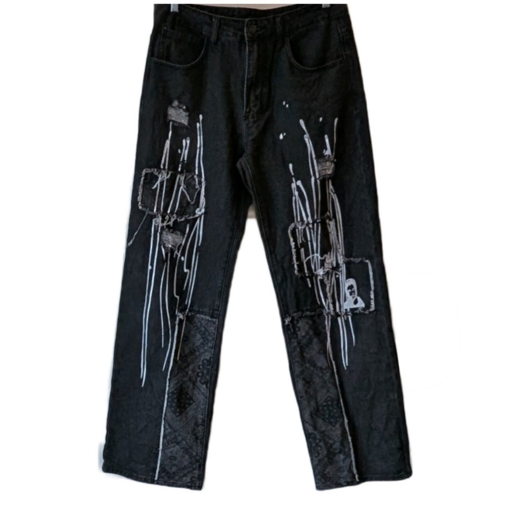 Wide Leg Method Madness Black Women's Jeans with Artistic Design Size M